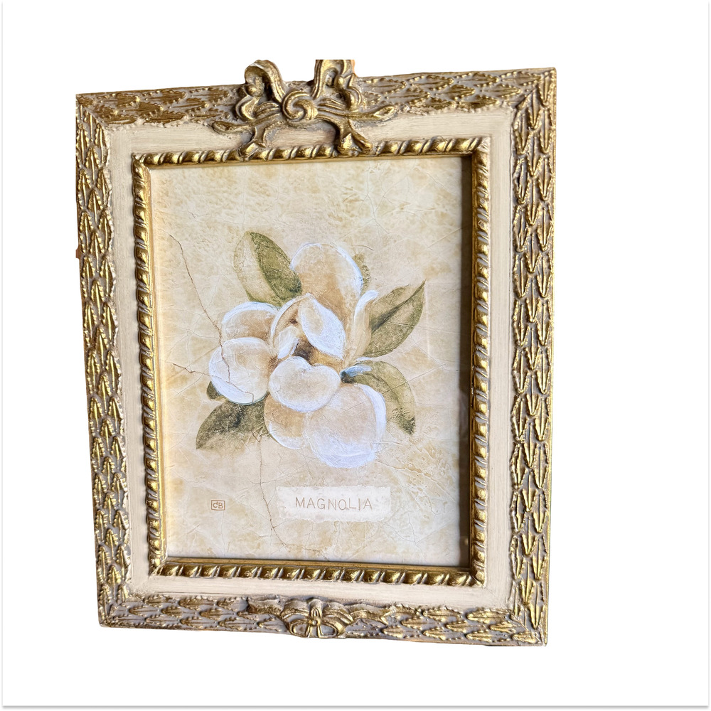 Cheri Blum Magnolia on Cracked Linen Framed Art Print Gold Ornate Bow Frame VTG